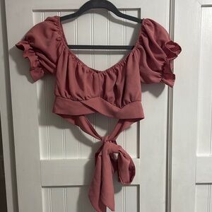 SHEIN Pink Puff Sleeve Ruched Blouse